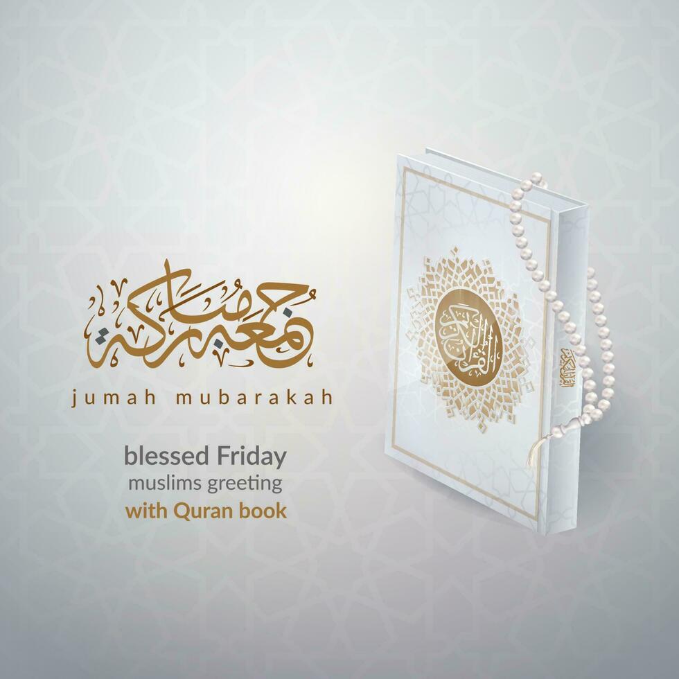 jumah Mubaraka Kalligraphie, islamisch Design 3d Koran Buch und Rosenkranz Vektor Design Vorlage