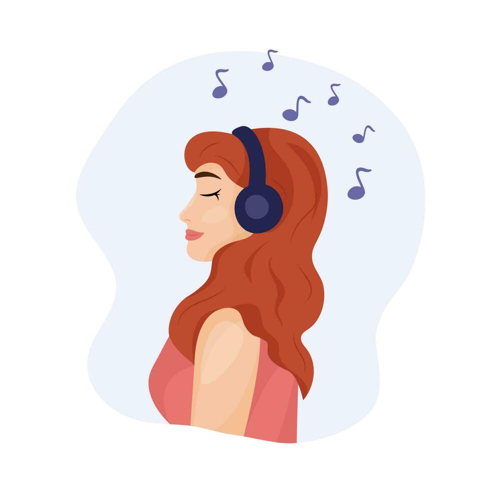 flicka witn hörlurar lyssnande till musik. ung vuxen kvinna profil och headset, musikal anteckningar. leende flicka avkopplande och njuter musik. vektor