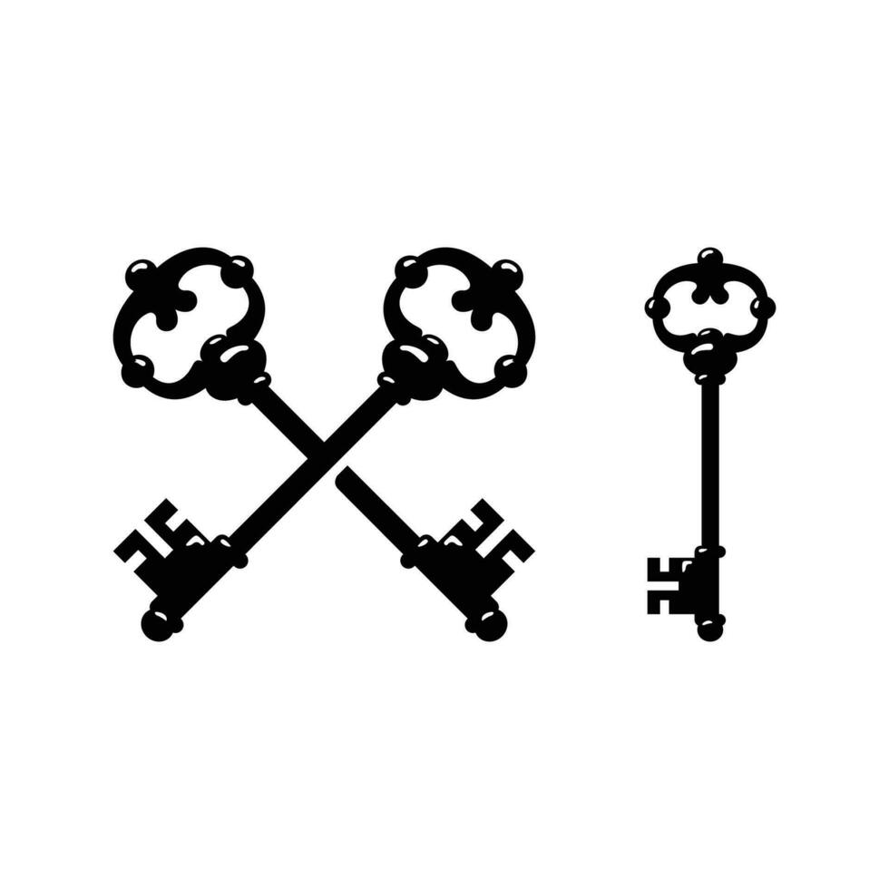 einstellen von Jahrgang aufwendig Schlüssel Silhouette, Antiquität Skelett Schlüssel Logo vektor
