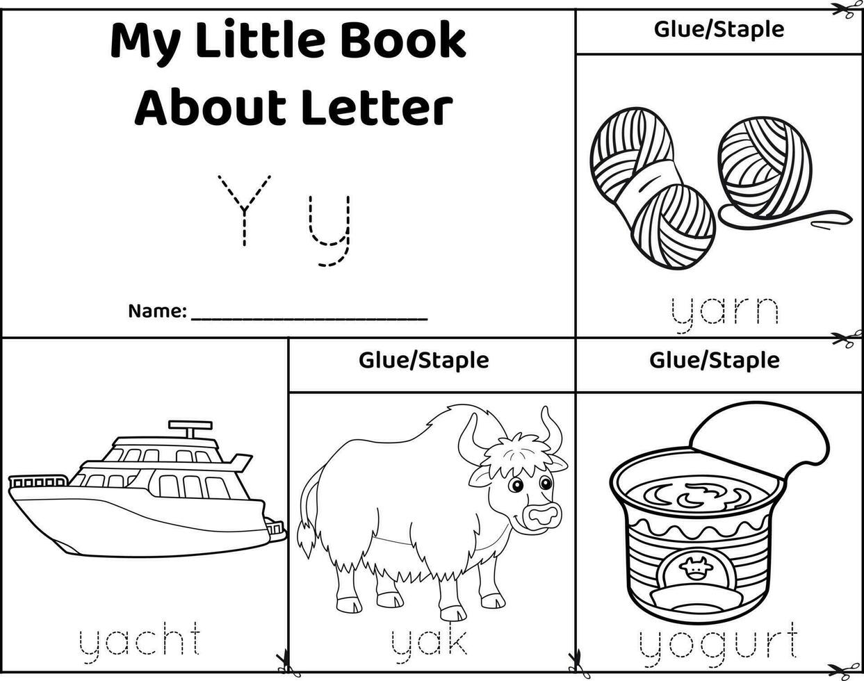 logisch druckbar Arbeitsblatt Alphabet Anfang Geräusche Flip Buch im schwarz und weißer.Buchstabe y, Garn, Yacht, Yak, Joghurt vektor