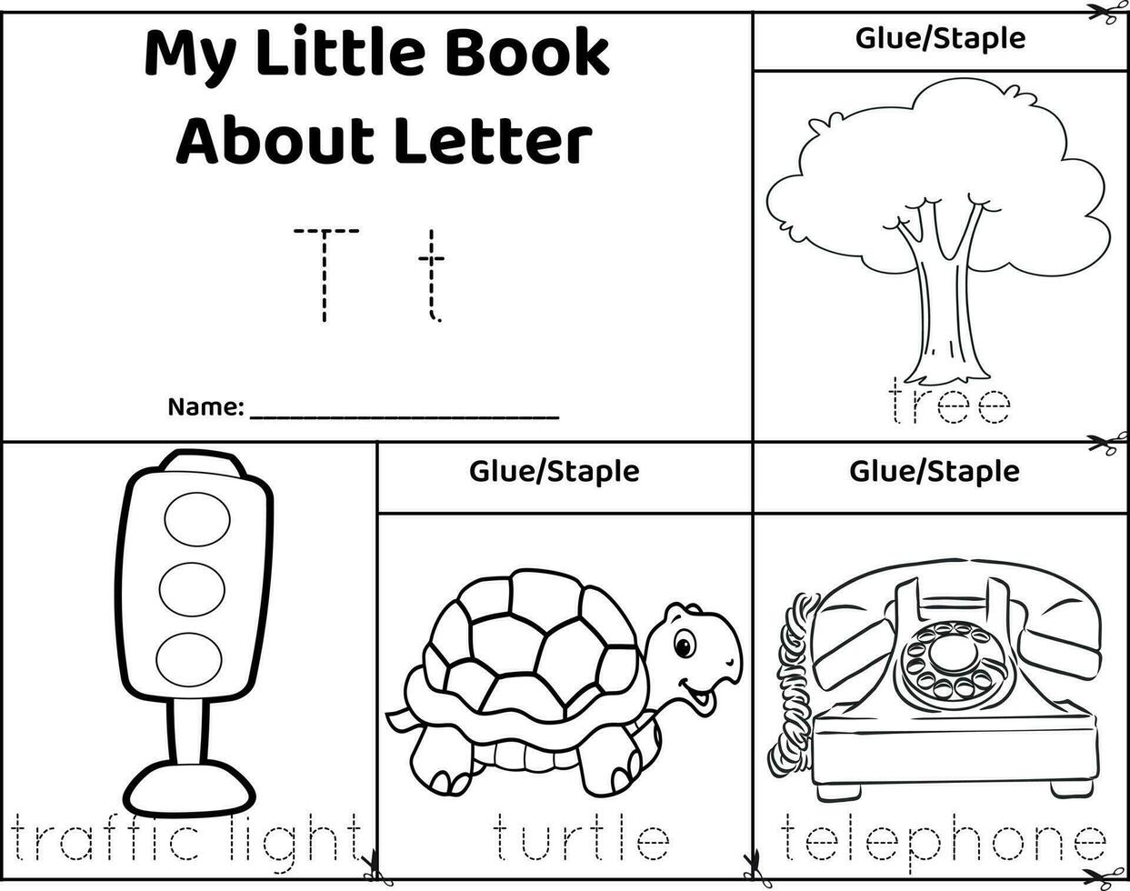 logisk tryckbar kalkylblad alfabet början ljud flip bok i svart och vit.bokstav t, träd, trafik ljus, sköldpadda, telefon vektor