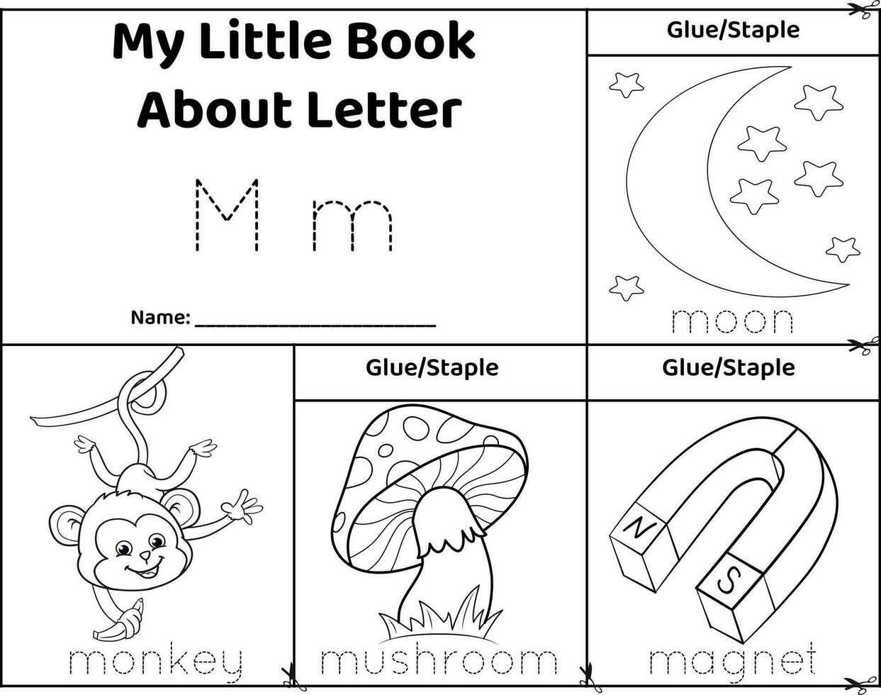 logisch druckbar Arbeitsblatt Alphabet Anfang Geräusche Flip Buch im schwarz und weißer.Buchstabe M, Affe, Pilz, Magnet, Mond vektor