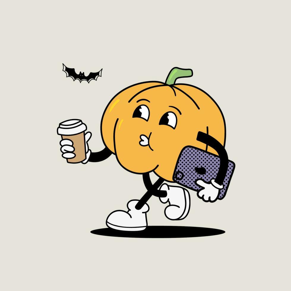 groovig heiter Kürbis mit Kaffee, Jahrgang Stil Halloween Kürbis Charakter, süß Gekritzel Maskottchen retro Karikatur Stil, Vektor Illustration