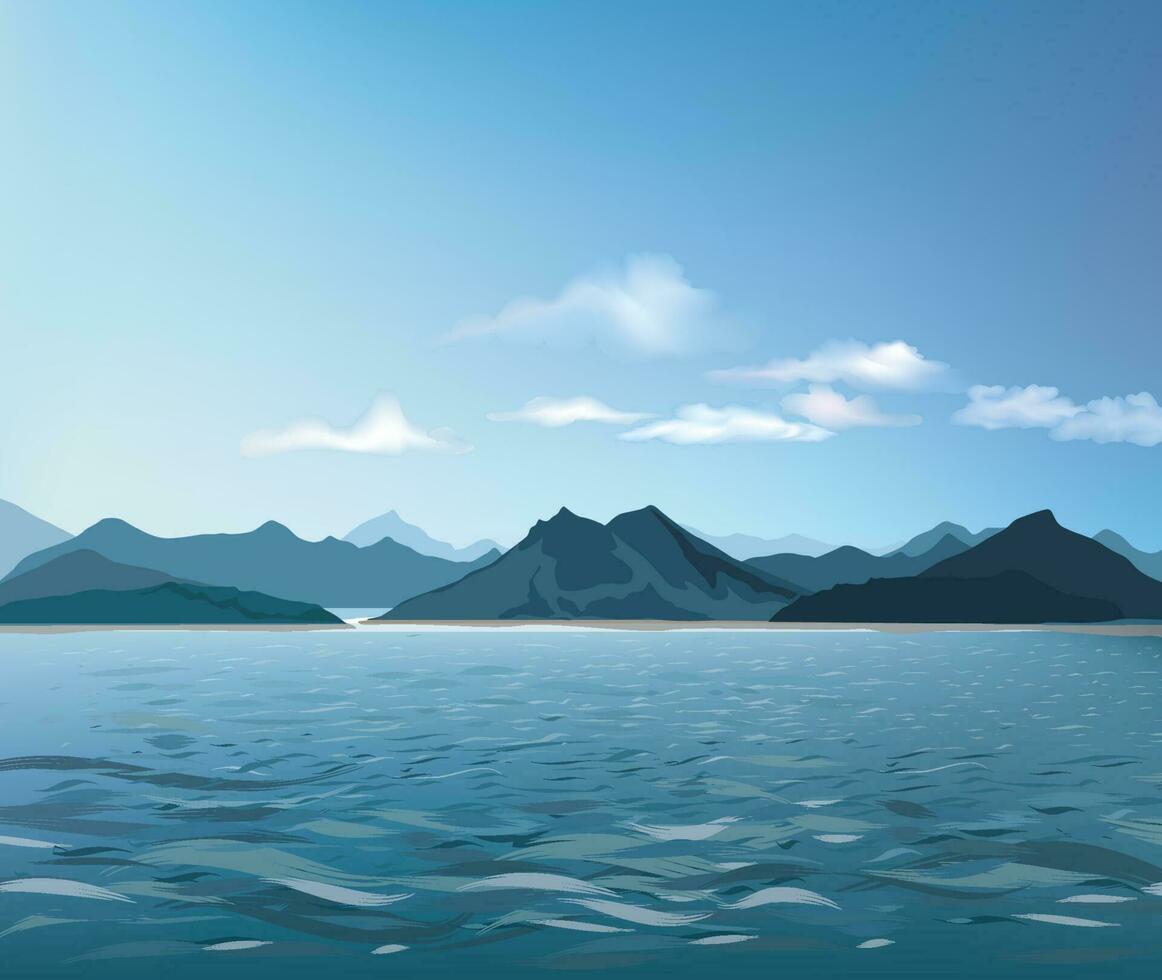 Natur Landschaft. Berge, Hügel und Meer ländlich Horizont. See Lagune Resort Aussicht Hintergrund vektor