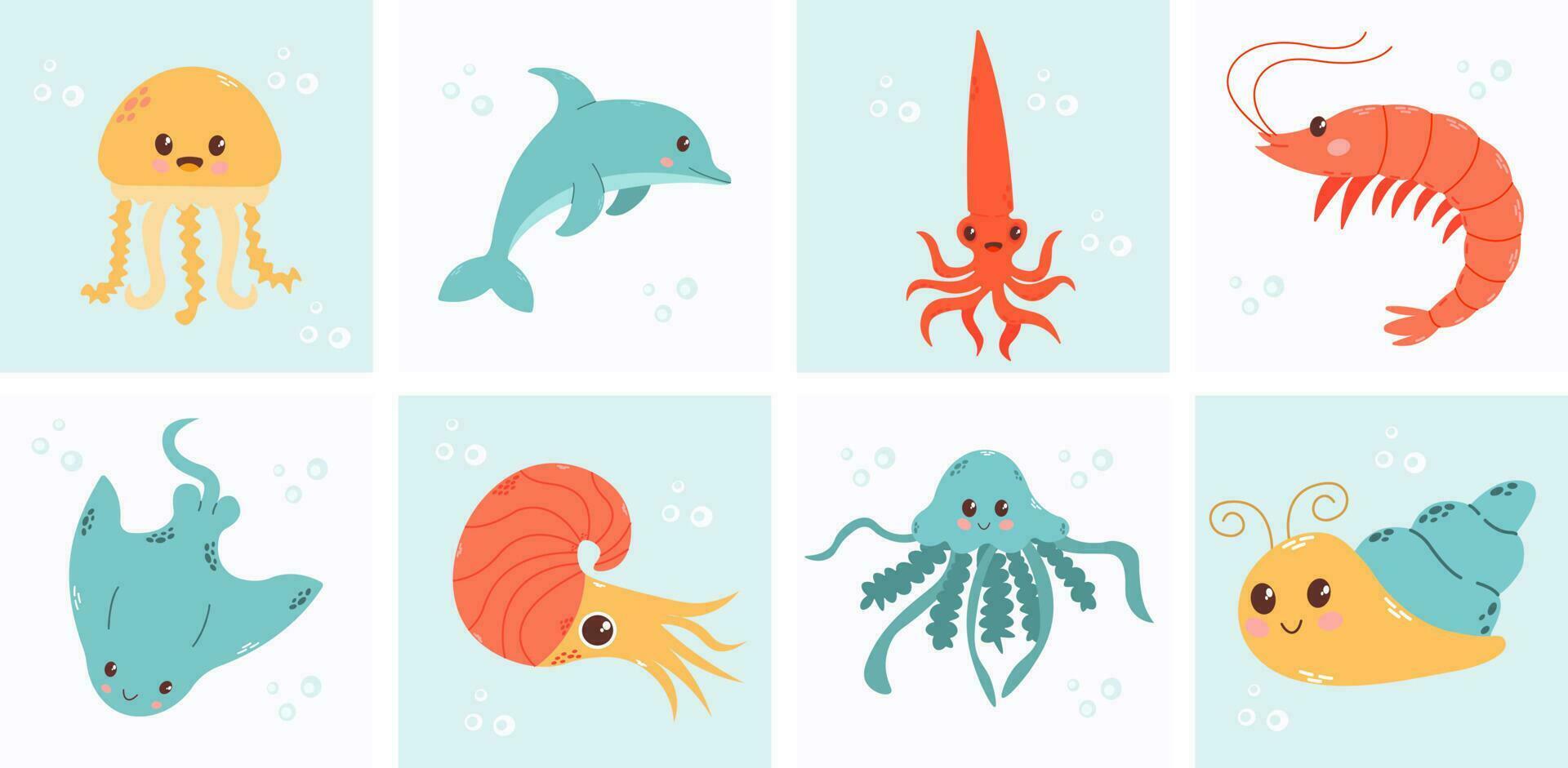 uppsättning med hand dragen hav liv element. vektor klotter tecknad serie uppsättning av marin liv objekt för din design. hav liv. söt val, bläckfisk, bläckfisk, stingrocka, manet, fisk, krabba, sjöhäst.