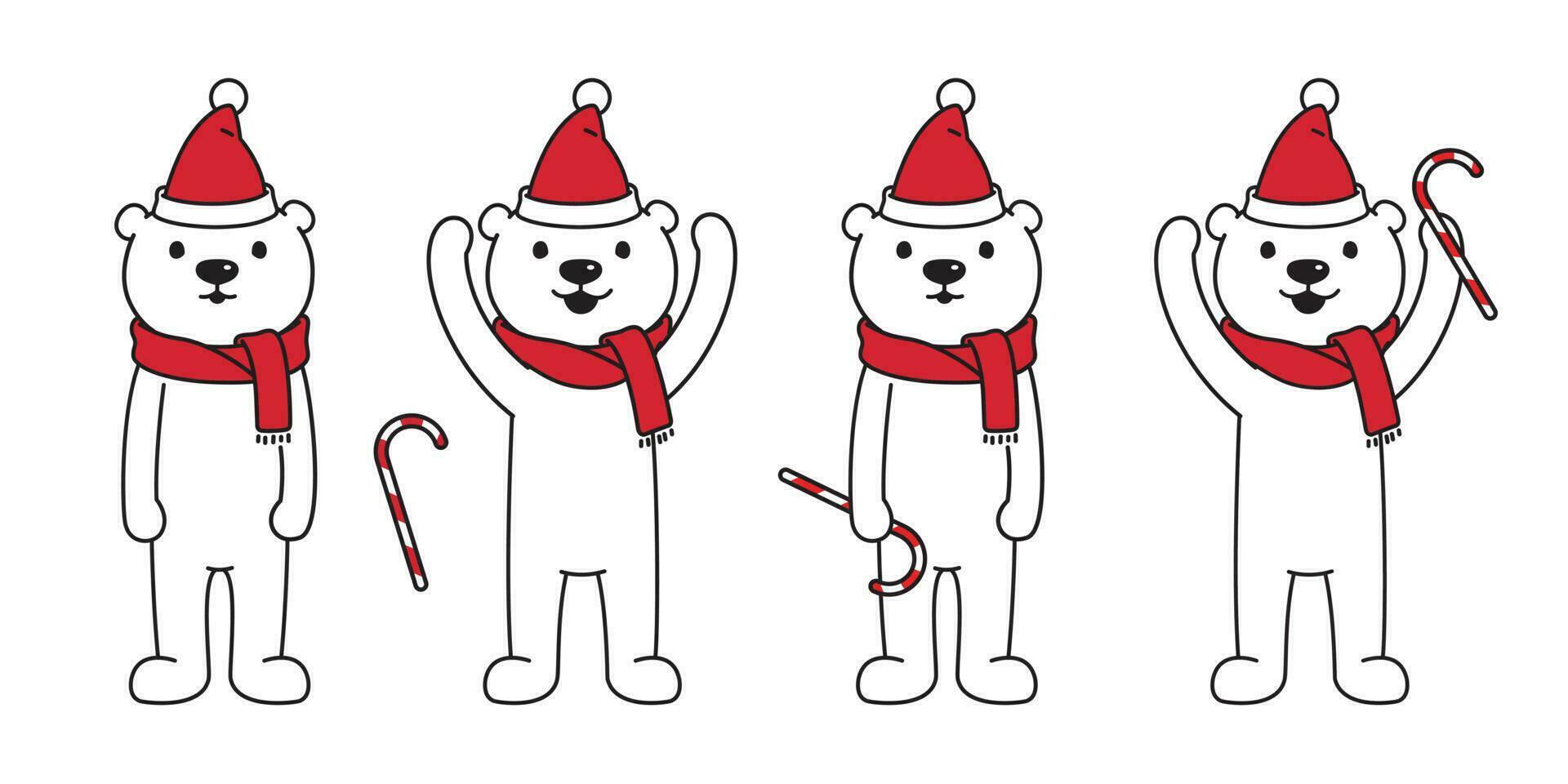 Björn vektor jul polär Björn santa claus hatt godis sockerrör röd scarf tecknad serie karaktär ikon illustration