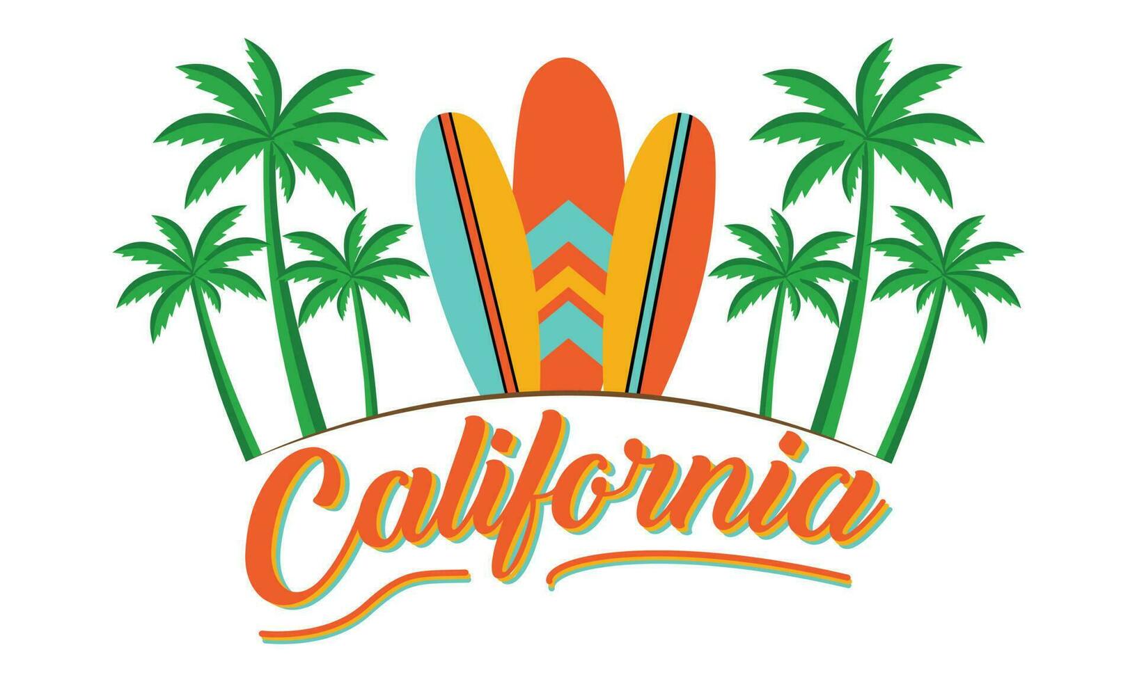 Kalifornien T-Shirt Design Vektor Illustration Surfen alle Tag, Slogan Text mit Palme Bäume und Surfen Bretter. zum T-Shirt druckt und andere Verwendet .Und bekleidung modisch Design mit Palme Bäume Silhouetten