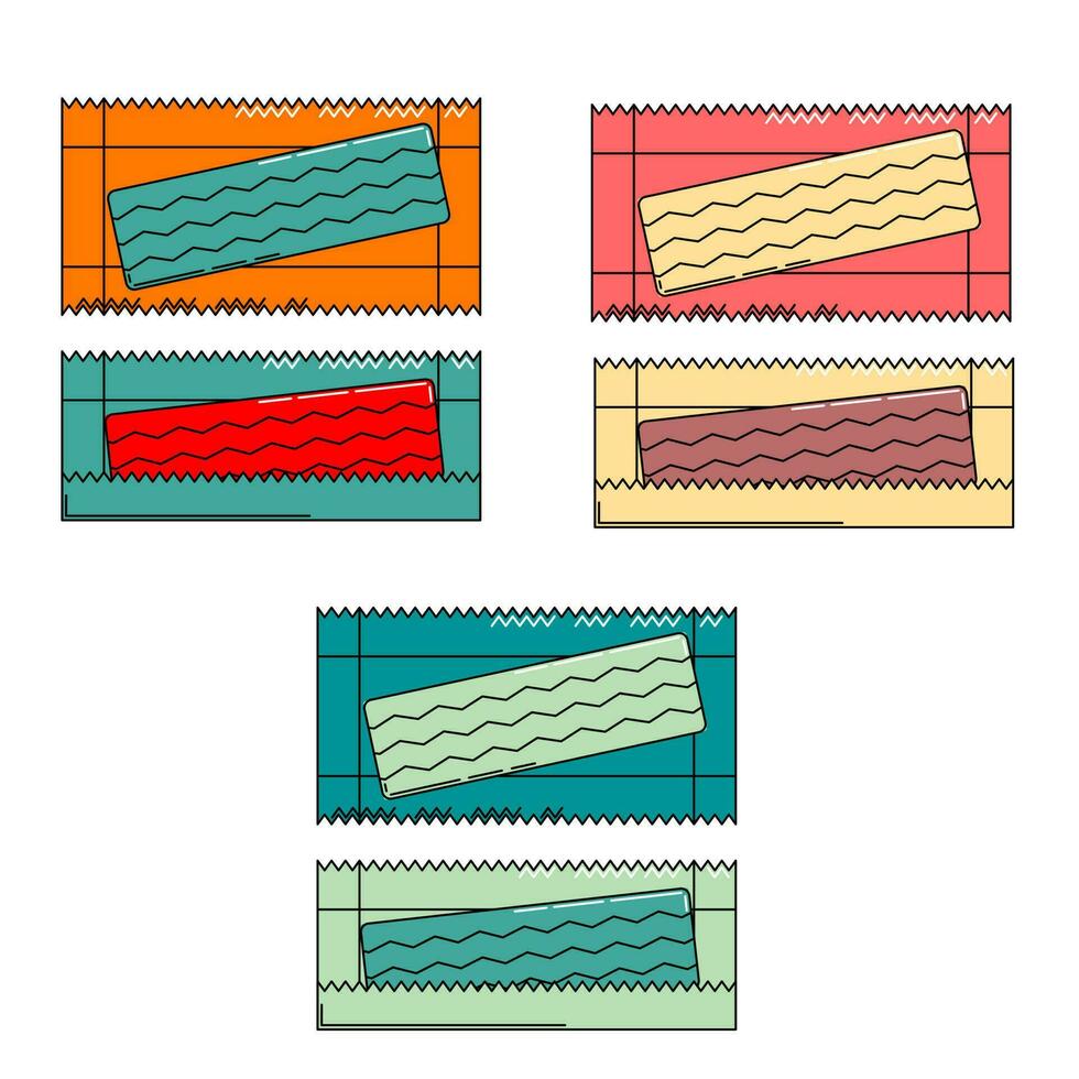 uppsättning av tugga gummi tallrik i folie. bubbla gummi. vektor illustratör. vibrerande färger, pastell färger.