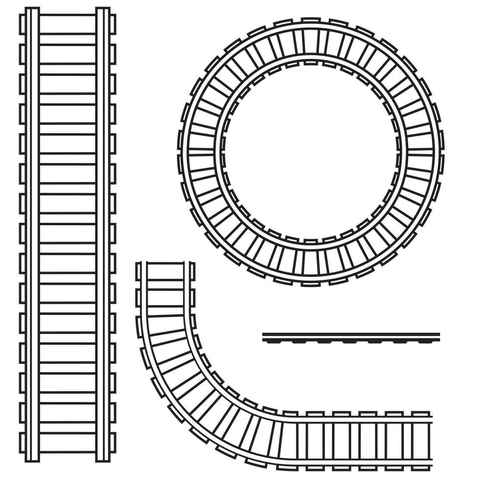 gebogen Eisenbahn, Schienen. Vektor isoliert Illustration schwarz Gliederung Färbung