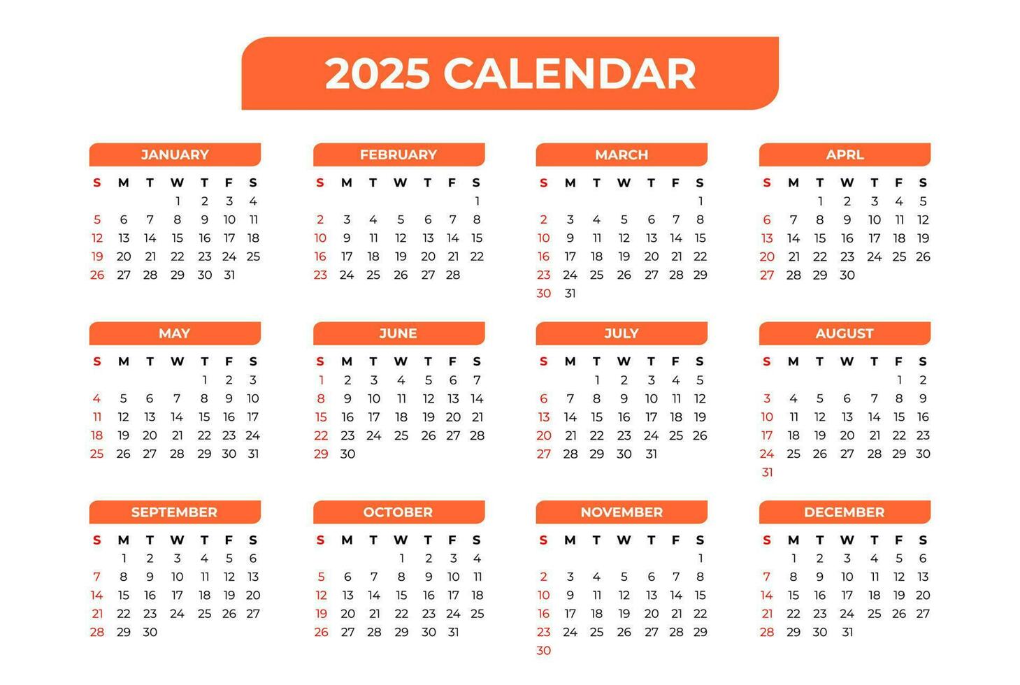 2025 Basic Kalender im Weiß Hintergrund vektor