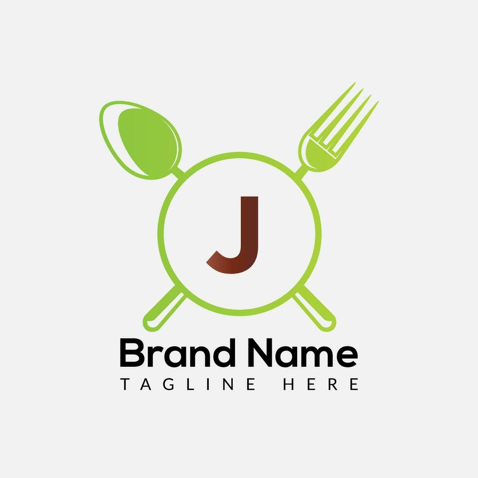 restaurang logotyp på brev j mall. mat på j brev, första kock tecken begrepp vektor