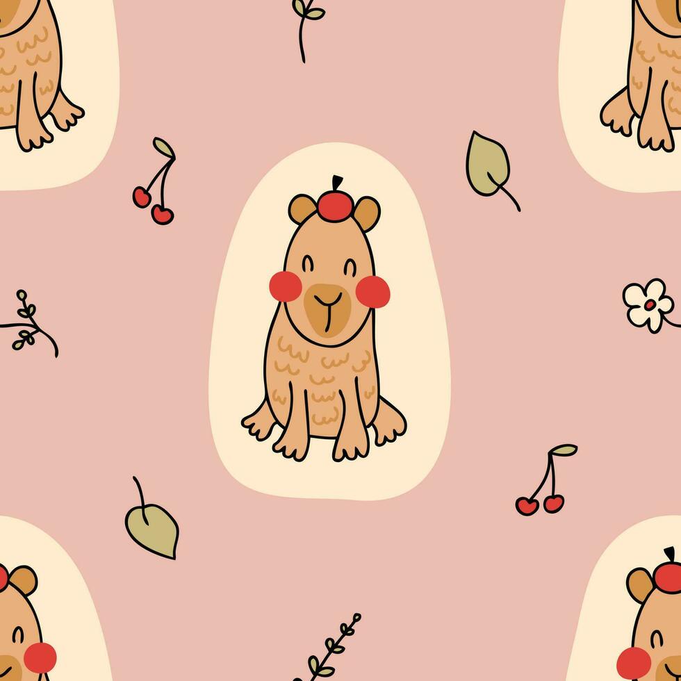 Hand gezeichnet heiter Capybara nahtlos Muster im Gekritzel Stil. perfekt drucken zum Tee, Papier, Textil- und Stoff. vektor
