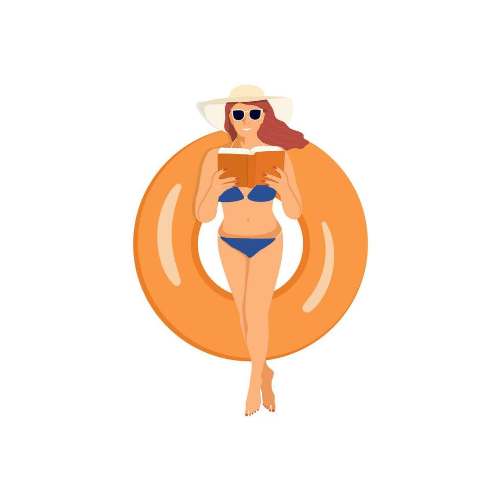 Frau Sonnenbaden auf aufblasbar Ring im Bikini. Mädchen lesen Buch isoliert auf das Weiß Hintergrund. sexy Dame auf ein Schwimmen Runde im das Meer. oben Sicht. eben Vektor Illustration.