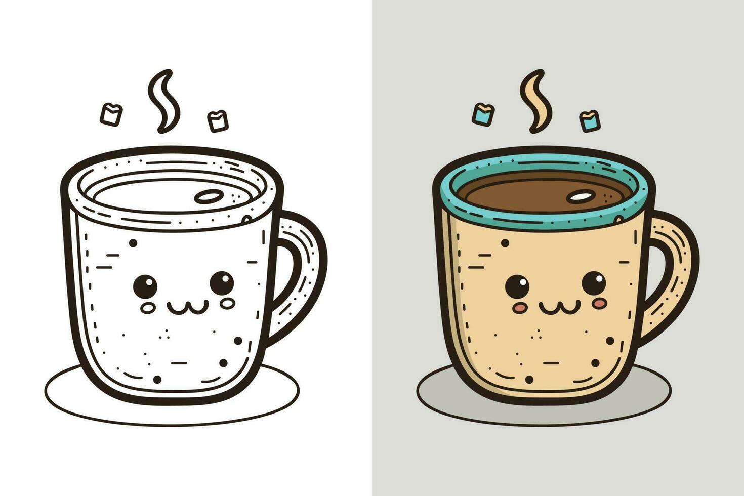 kaffe kopp logotyp, söt kaffe kopp tecknad serie linje konst färgrik vektor illustration, kaffe kopp ikon design, platt kartong stil, mat och dryck ikon