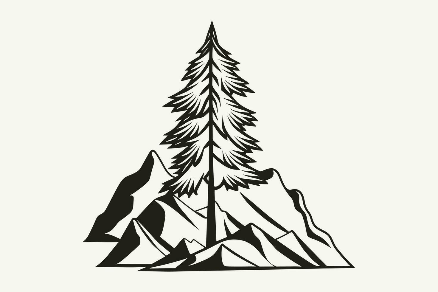 berg skiss, översikt stil svart och vit bergen och träd vektor, berg träd ikon illustration, berg logotyp vektor