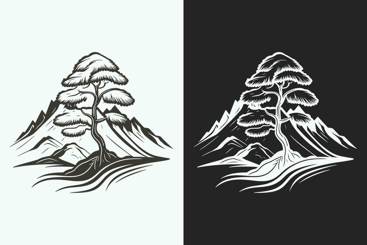Berg skizzieren, Gliederung Stil schwarz und Weiß Berge und Baum Vektor, Berg Baum Symbol Illustration, Berg Logo vektor