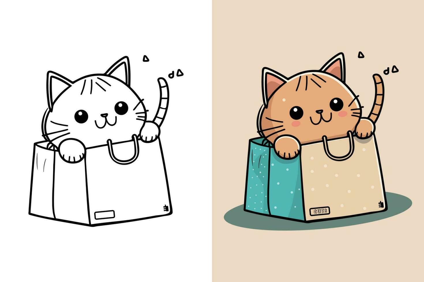 das Charakter von ein wenig Katze im ein Papier Einkaufen Tasche, süß Katze, Katze Karikatur, Katze Zeichnung, Katze Maskottchen vektor