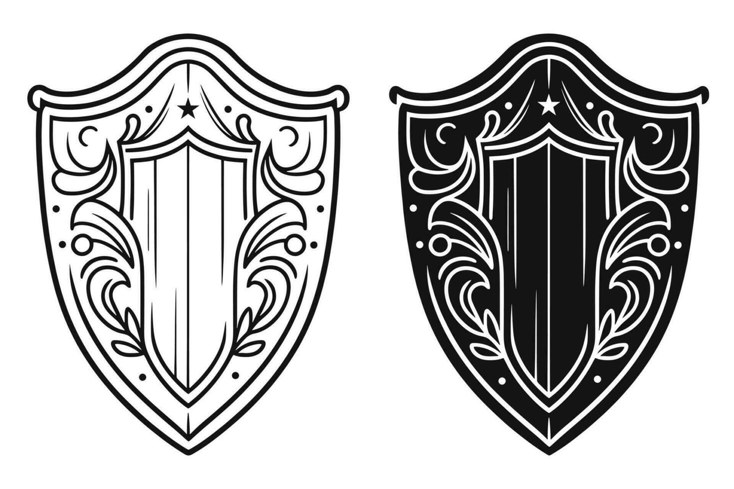 Schild Vektor, Schild Gliederung Stil Linie Kunst, mittelalterlich Schild, königlich Schild, heraldisch Schild, heraldisch Zier Schilde Sammlung vektor