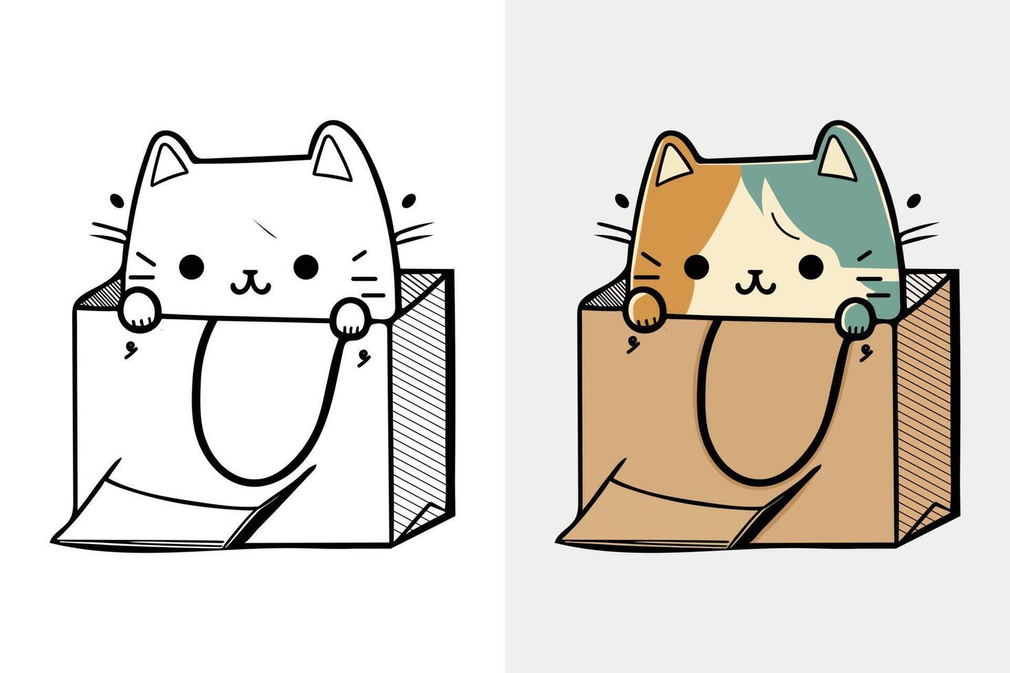 das Charakter von ein wenig Katze im ein Papier Einkaufen Tasche, süß Katze, Katze Karikatur, Katze Zeichnung, Katze Maskottchen vektor