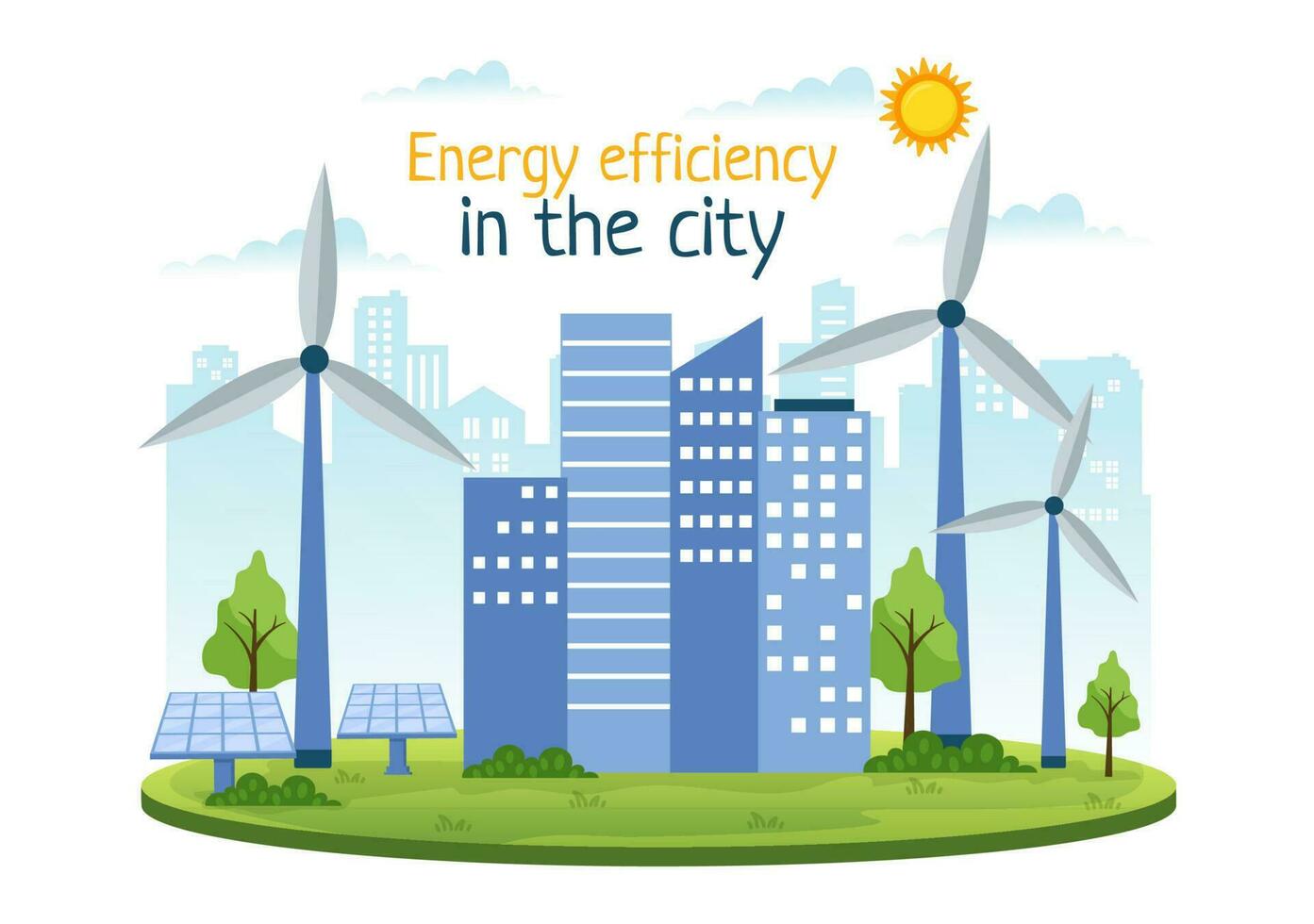 energi effektivitet i de stad vektor illustration med hållbar miljö för elektricitet genererad från Sol och vind i hand dragen mallar