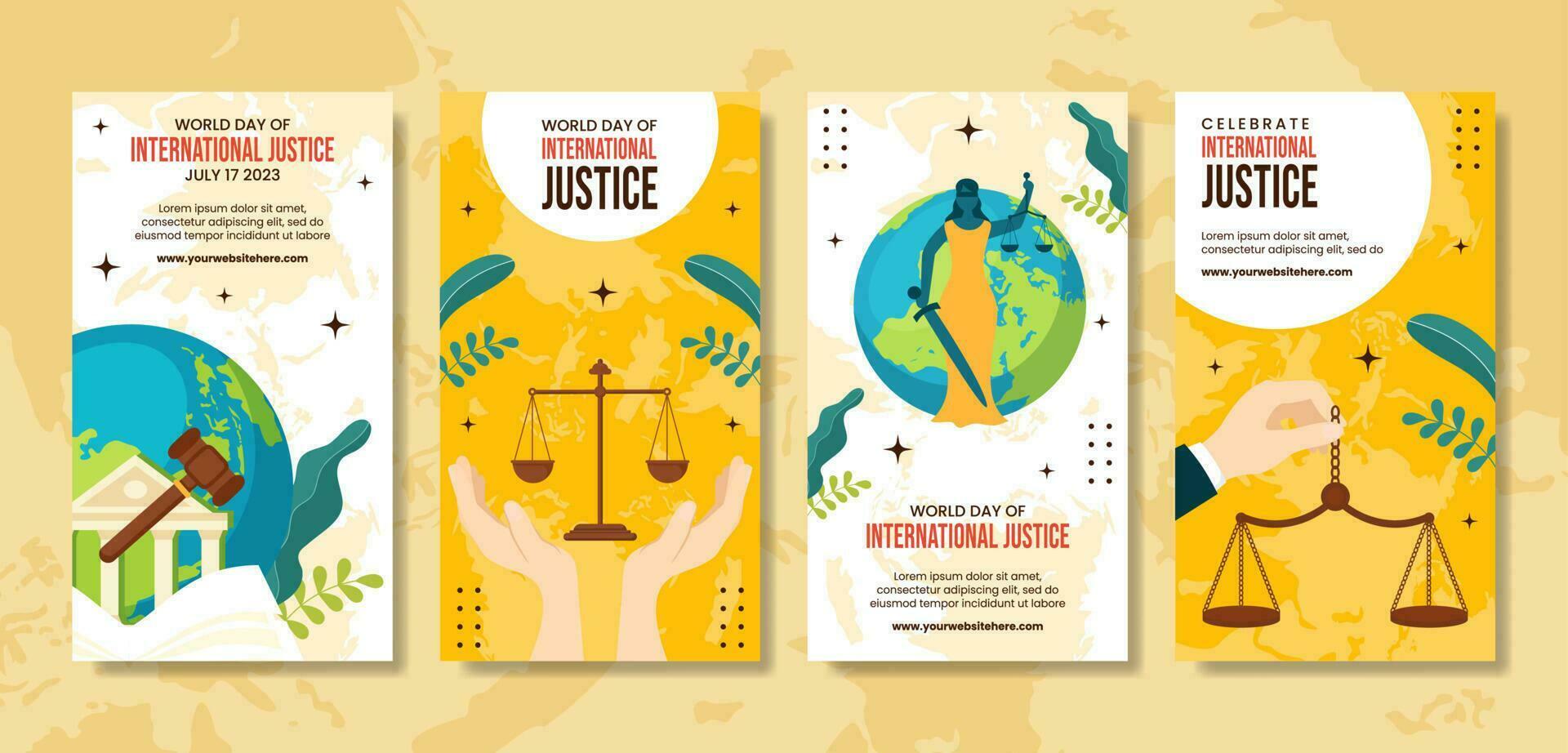 Welt Tag zum International Gerechtigkeit Sozial Medien Geschichten Illustration Karikatur Hand gezeichnet Vorlagen Hintergrund vektor