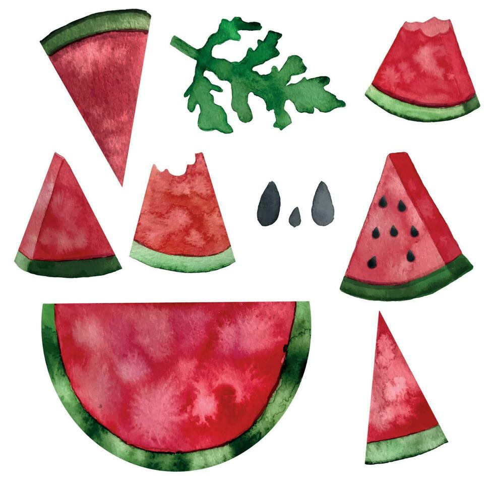 vattenfärg hand dragen uppsättning av vattenmelon element använda sig av fiende ClipArt mönster bakgrund design vektor