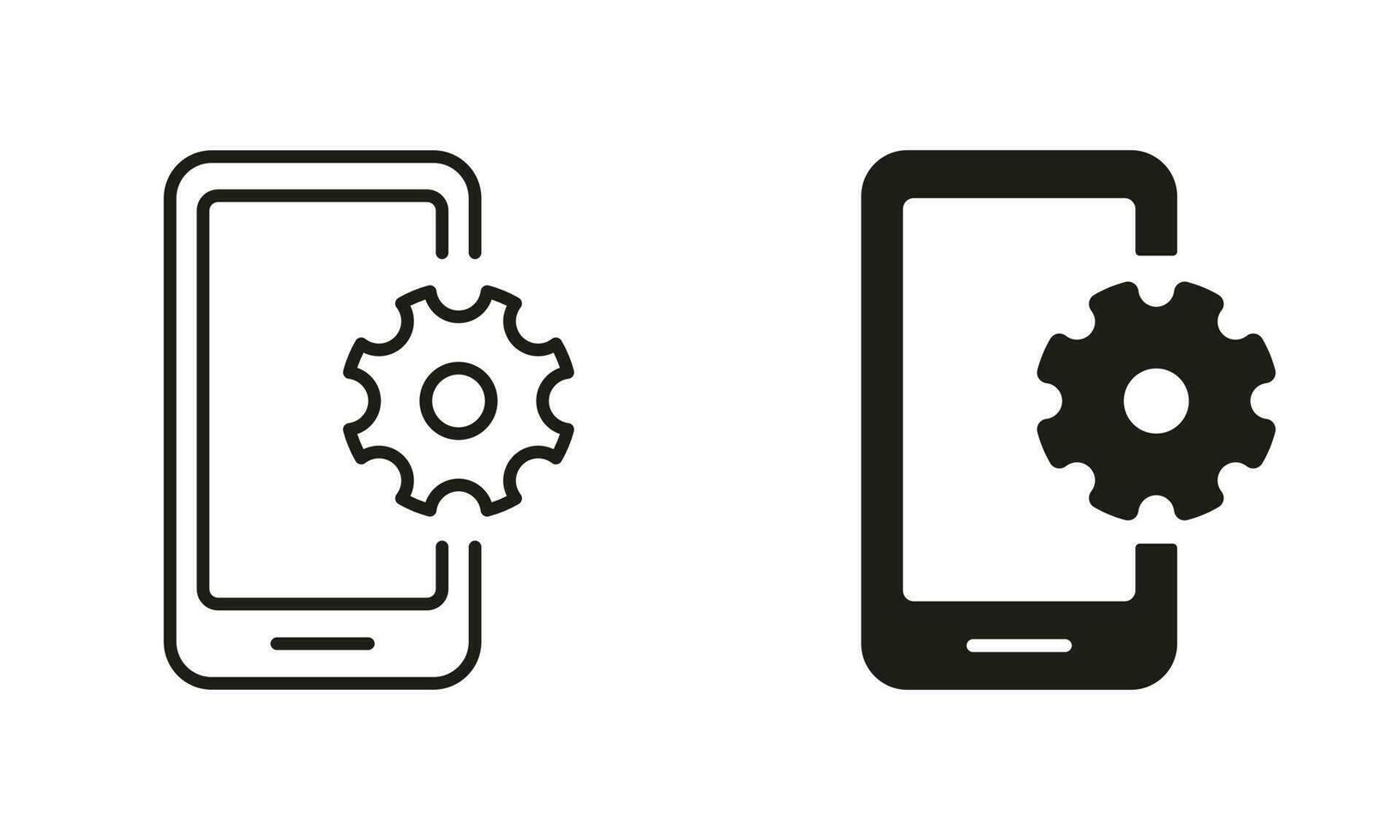 uppdatering smartphone linje och silhuett ikon uppsättning. uppdatering rörelse systemet, reparera mobil telefon piktogram. miljö upp smartphone symbol begrepp. redskap och mobil tecken. isolerat vektor illustration.