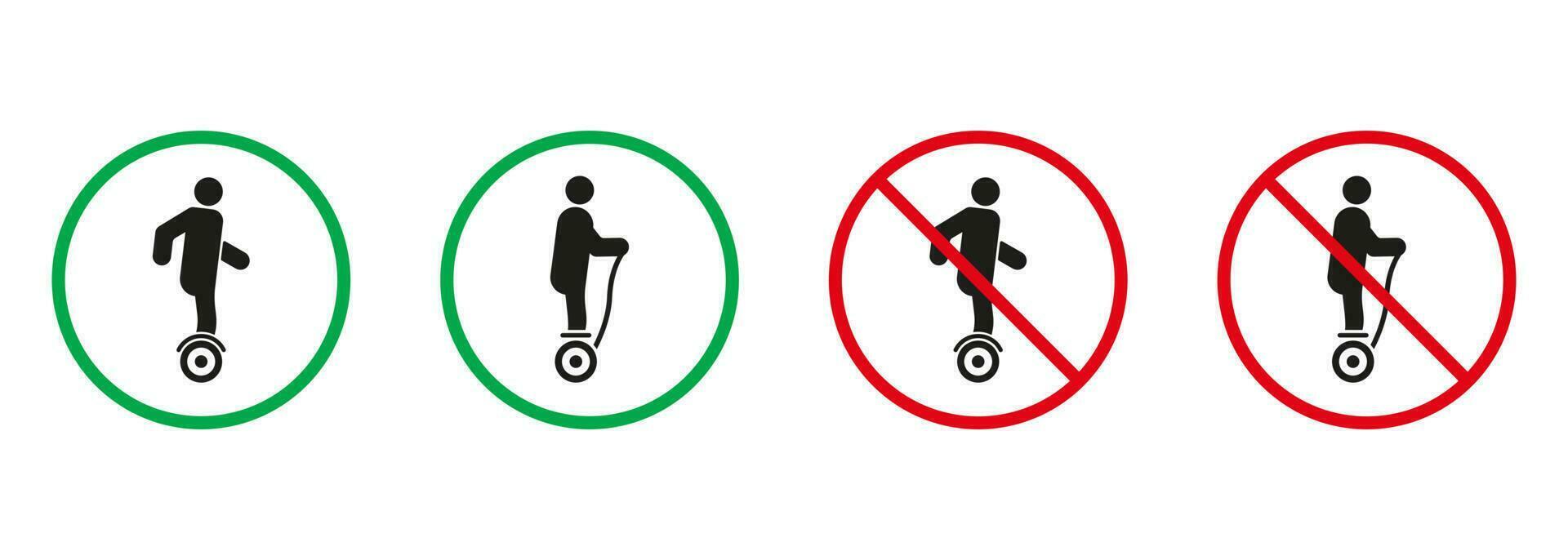 elektrisch Einrad Hoverboard Gyroscooter rot und Grün Zeichen. Kreisel Roller, Einrad Silhouette Symbole Satz. erlaubt und verboten Achtung Transport Piktogramm. isoliert Vektor Illustration.