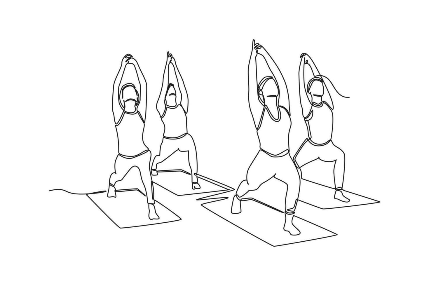 Single einer Linie Zeichnung Gruppe von Yoga im Klasse. Klasse es oben Konzept. kontinuierlich Linie zeichnen Design Grafik Vektor Illustration.