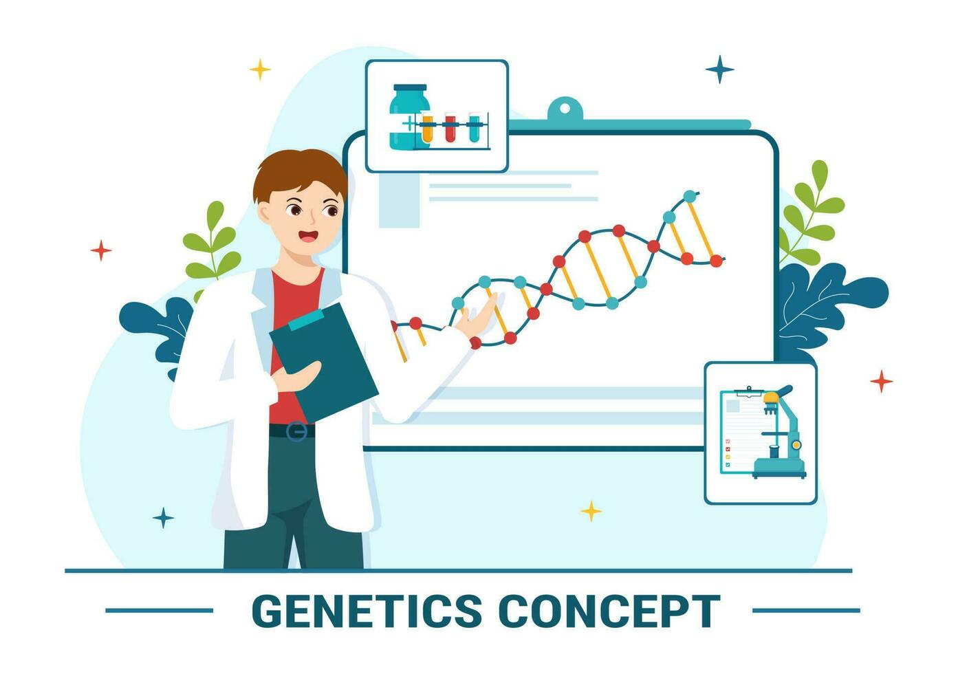 genetisch Wissenschaft Konzept Vektor Illustration mit DNA Molekül Struktur und Wissenschaft Technologie im Gesundheitswesen eben Karikatur Hand gezeichnet Vorlagen