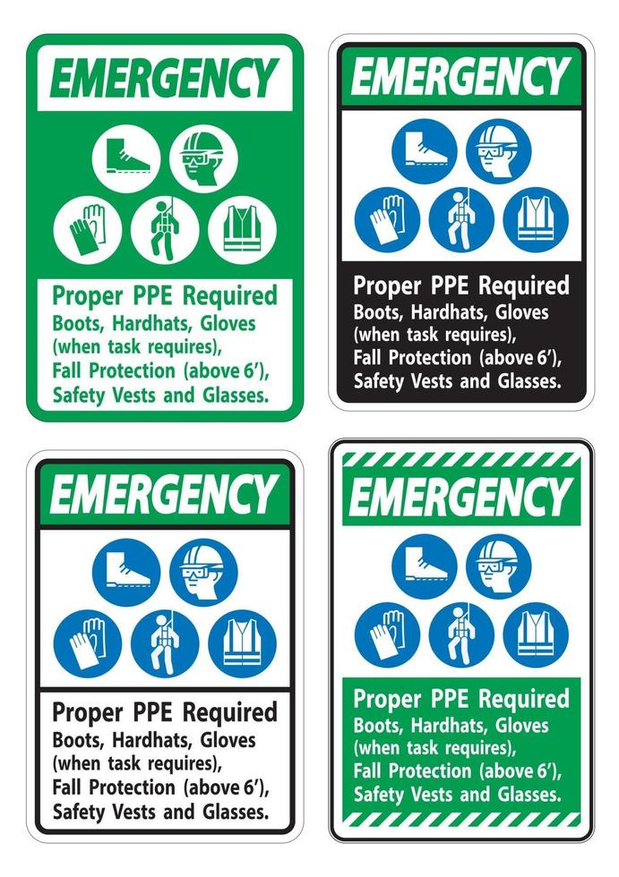 nödtecken korrekt ppe krävs stövlar hardhats handskar när uppgiften kräver fallskydd med ppe-symboler vektor