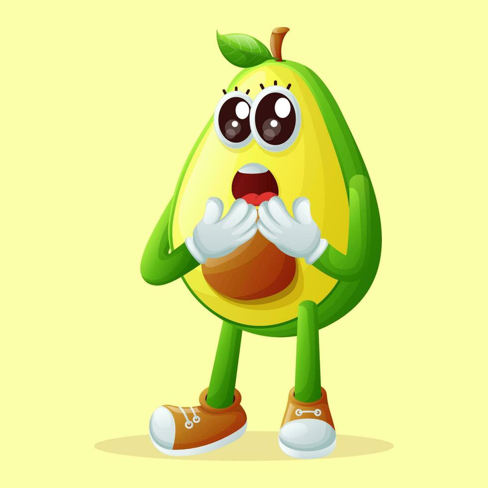 süß Avocado Charakter mit ein überrascht Gesicht und öffnen Mund vektor