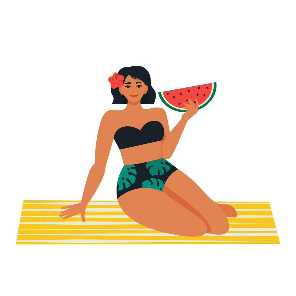 Frau im ein Badeanzug mit Wassermelone, Sitzung auf ein Bettdecke. Sommer- Urlaub, Entspannung, Erholung Konzept. Vektor Illustration im eben Stil