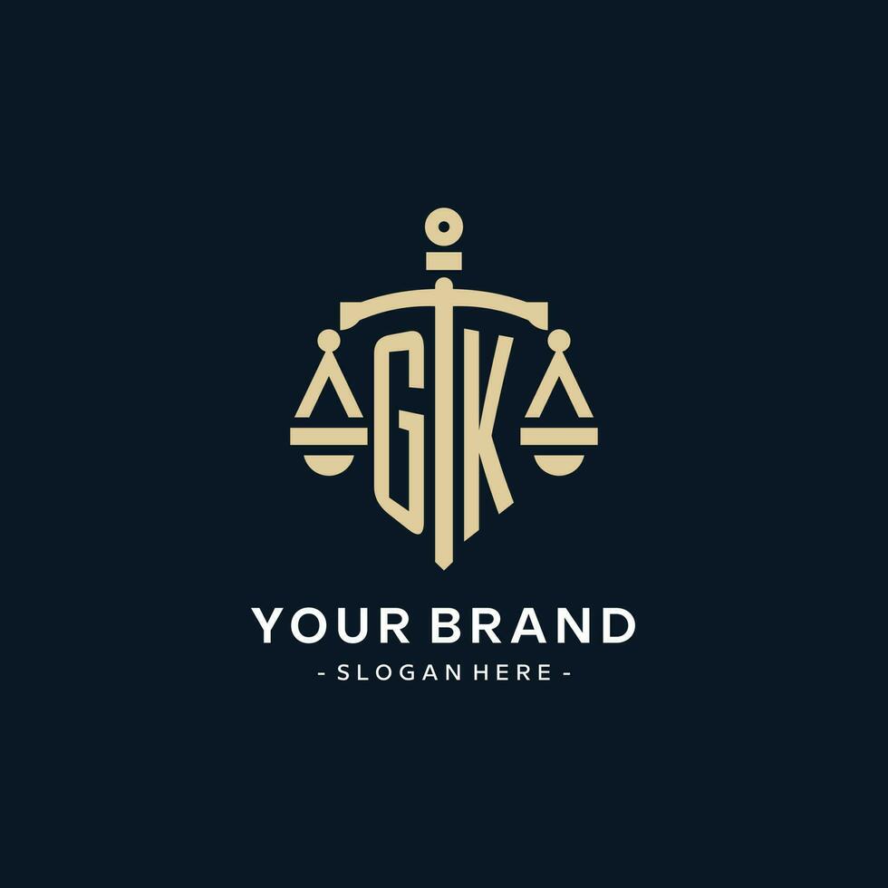 gk Initiale Logo mit Rahmen von Gerechtigkeit und Schild Symbol vektor