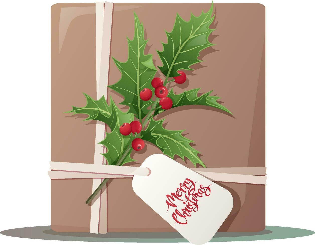 ein Geschenk gebunden mit ein Band und dekoriert mit ein Stechpalme Ast. Weihnachten Dekor. glücklich Neu Jahr. Box im Verpackung Papier mit Herzliche Glückwünsche zum das Urlaub vektor