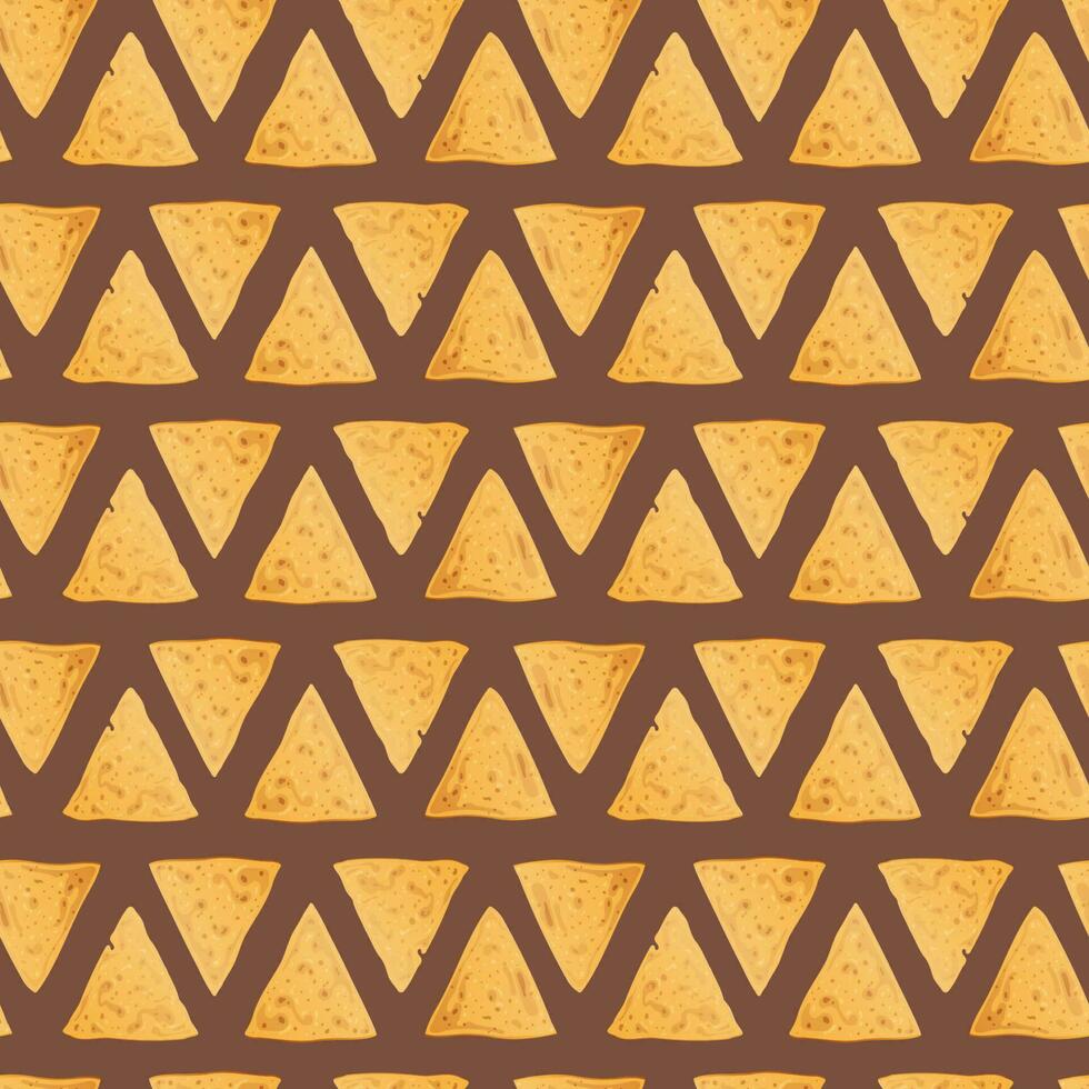 nahtlos Muster mit dreieckig Mais Chips auf ein braun Hintergrund. traditionell Mexikaner Lebensmittel. knusprig Nachos. Vektor geometrisch Hintergrund zum Verpackung Papier, Stoff, Hintergrund. Latein amerikanisch Essen