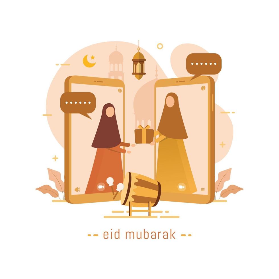 Vektor-Illustration Muslime Menschen kommunizieren über mobile Anwendungen oder Videoanrufe für eid Mubarak Grüße und feiern vektor