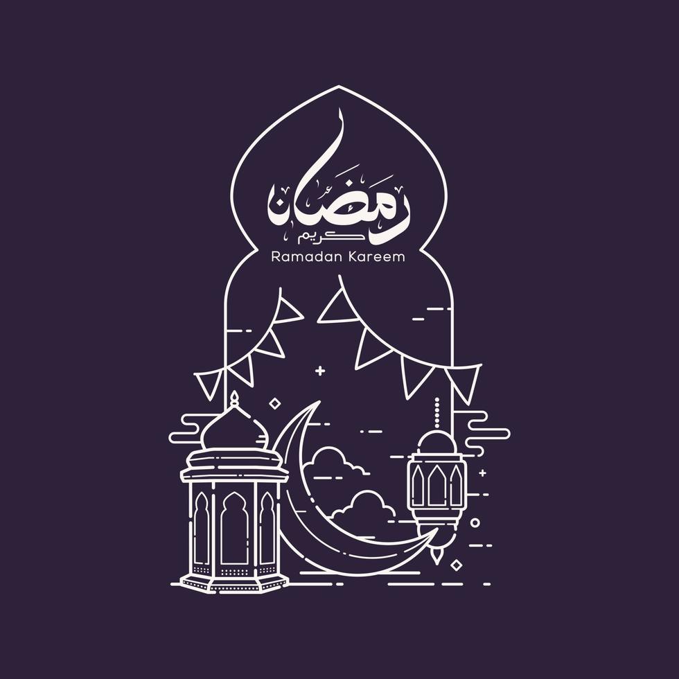 Arabische Kalligraphie des Ramadan Kareem mit Moscheenlinienkunstentwurf vektor