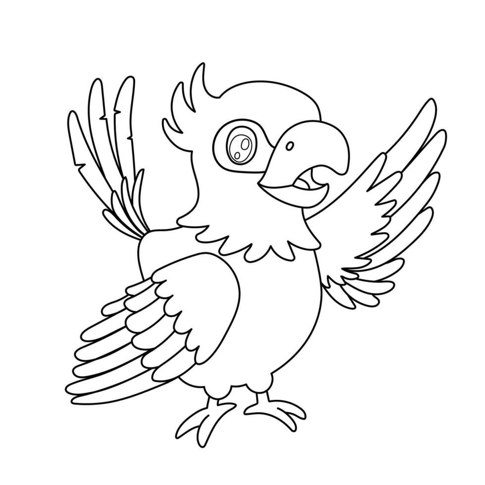 Linie Papageienvogel stehend und Wellenflügel. Umriss Cartoon-Figur isoliert auf weiß für Malbuch vektor