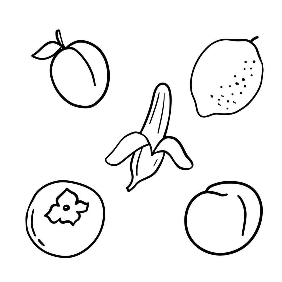 persika, citron, och banan klotter illustrationer. översikt söt frukt vektor