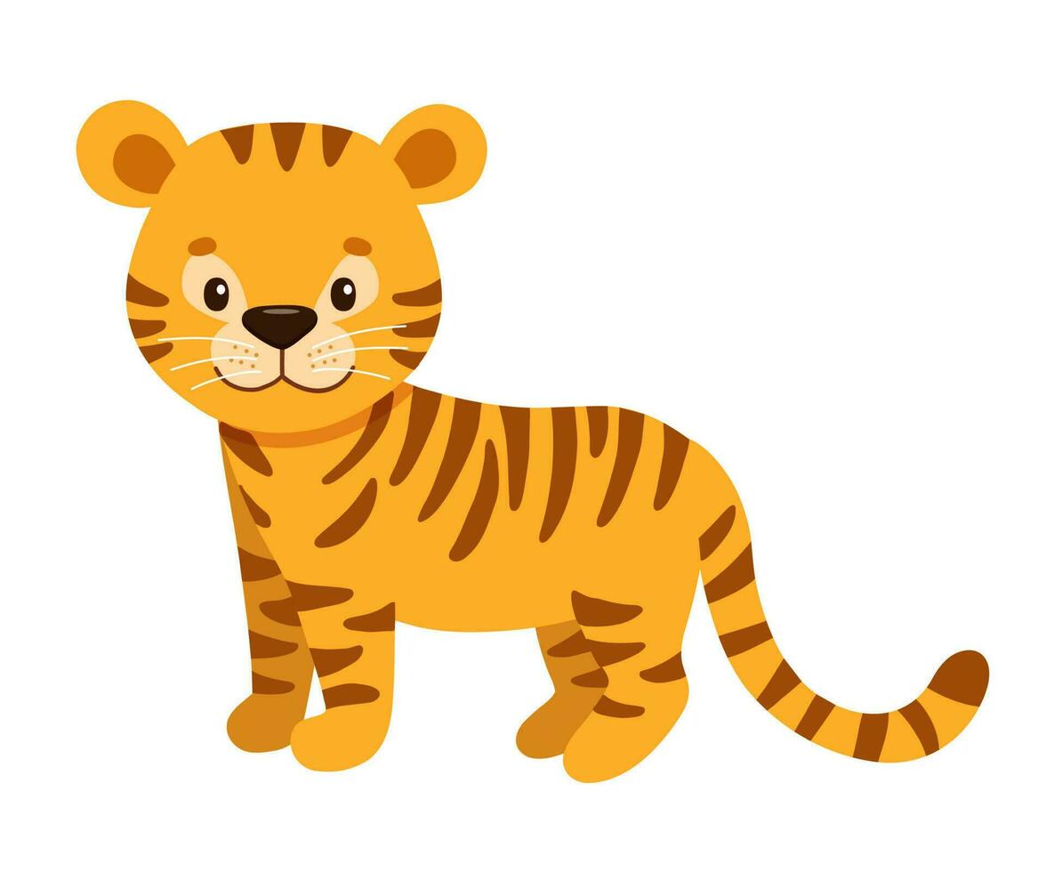 süß Tiger im Karikatur Stil. Zeichnung afrikanisch Baby wild Katze isoliert auf Weiß Hintergrund. Vektor Süss Tiger zum Kinder Poster und Karte. Urwald Tier