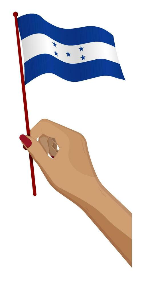 kvinna hand försiktigt innehar små flagga av republik av honduras. Semester design element. tecknad serie vektor på vit bakgrund