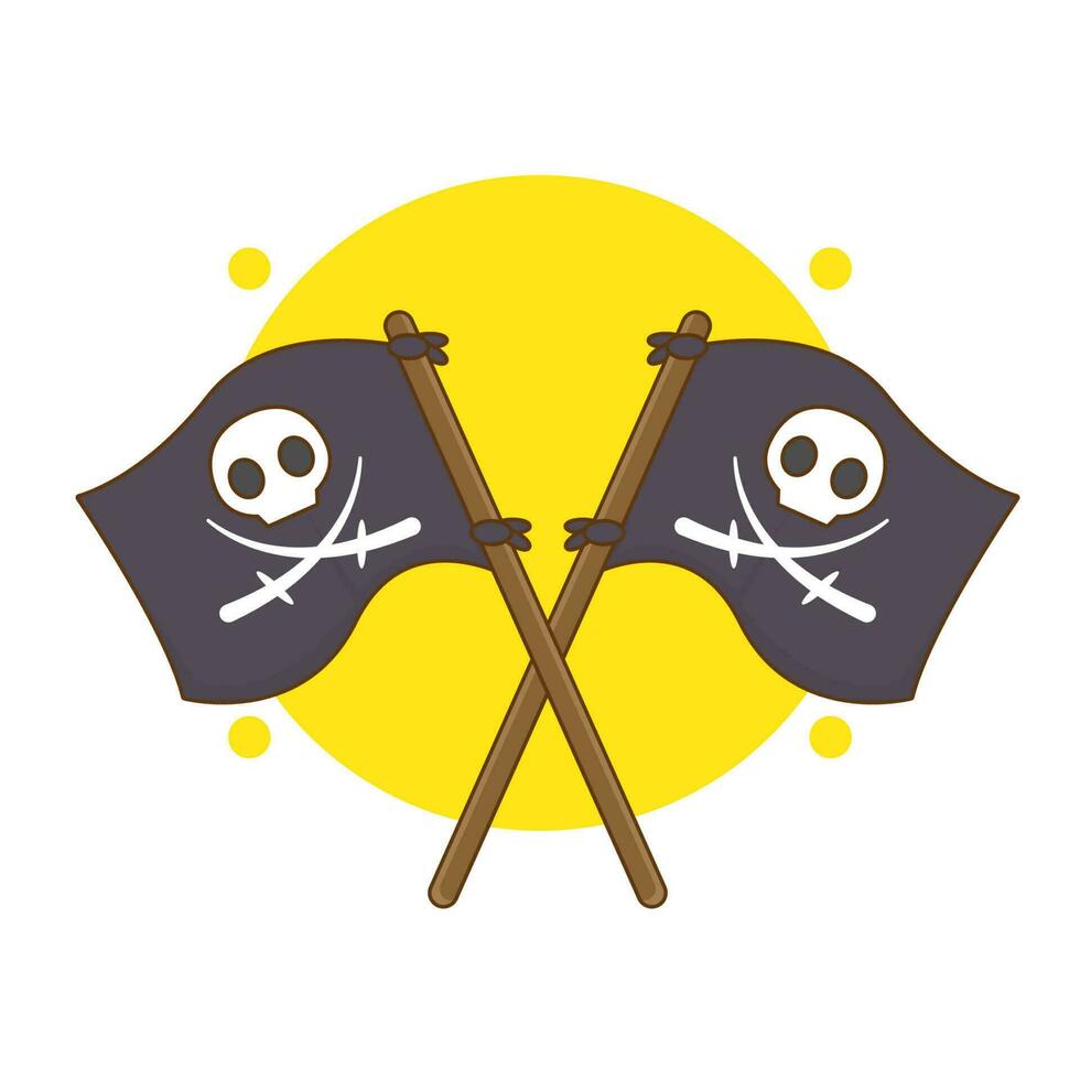 svart vinka trasig pirat flagga med vit skalle. pirat begrepp design. platt tecknad serie stil. isolerat bakgrund. vektor konst illustration