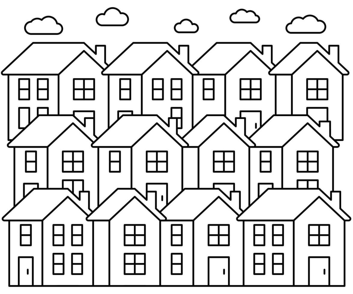 Gegend Haus Muster, Linie Kunst. Straße Gebäude, echt Nachlass die Architektur, Wohnung. Fassade Zuhause im Land Stadt Landschaft. Vektor Gliederung Illustration