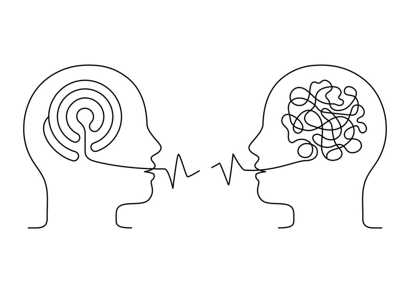 människor prata, missförstånd konversation och Tal översikt. härva förvirrad och reda ut logik tänkande hjärna. psykoterapi kommunikation. konversation två person, tala. vektor linje