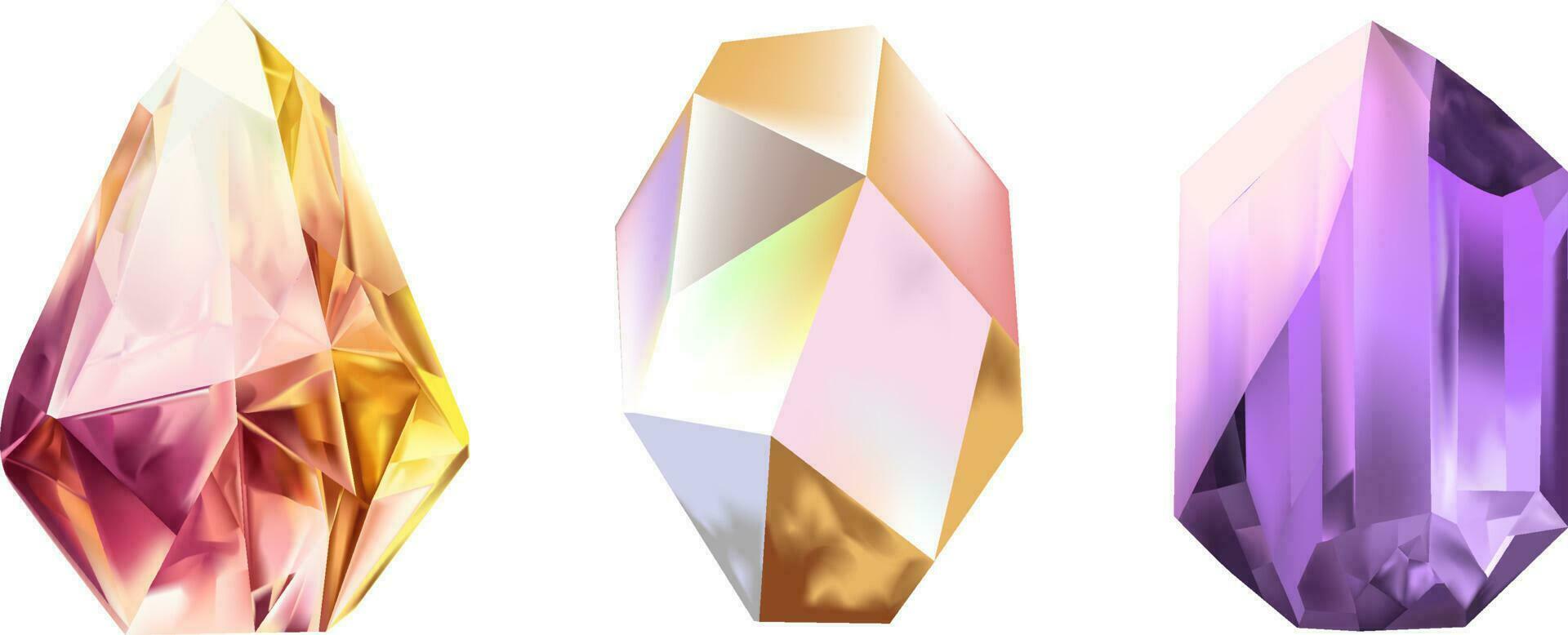 ein Sammlung von Bilder von Diamanten von verschiedene geometrisch Formen, Farben und Größen.Glas glänzend Kristalle mit anders Schatten reflektieren licht.vektor realistisch einstellen von glühen Edelstein oder bunt Eis. vektor