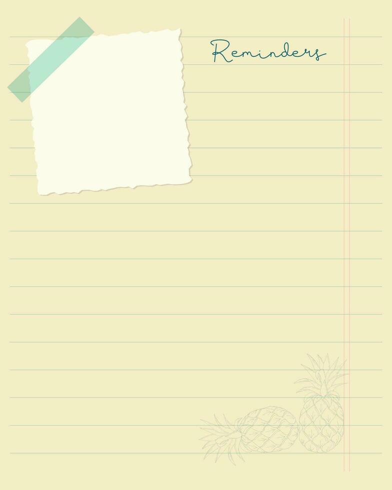 Erinnerung Blatt Vorlage, zu tun Liste, Hinweis Planer, Scrapbooking und Decoupage, Hand gezeichnet Ananas auf Schule Notizbuch Blatt. vektor