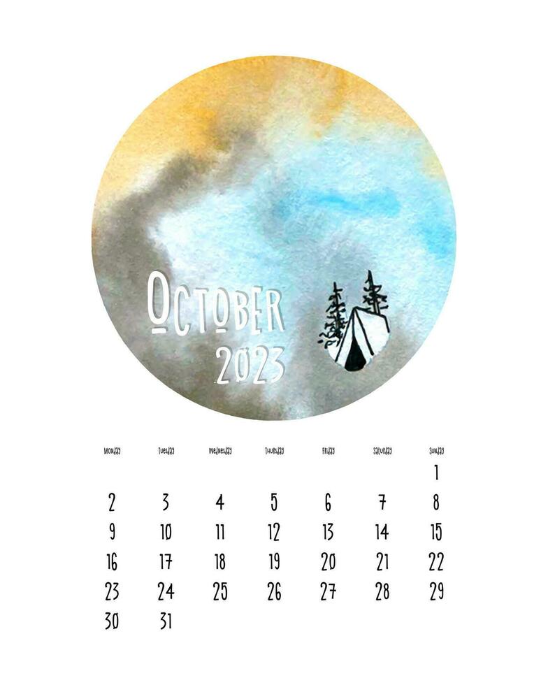 Kalender Oktober 2023 mit Aquarell Kreis Hintergrund. vektor