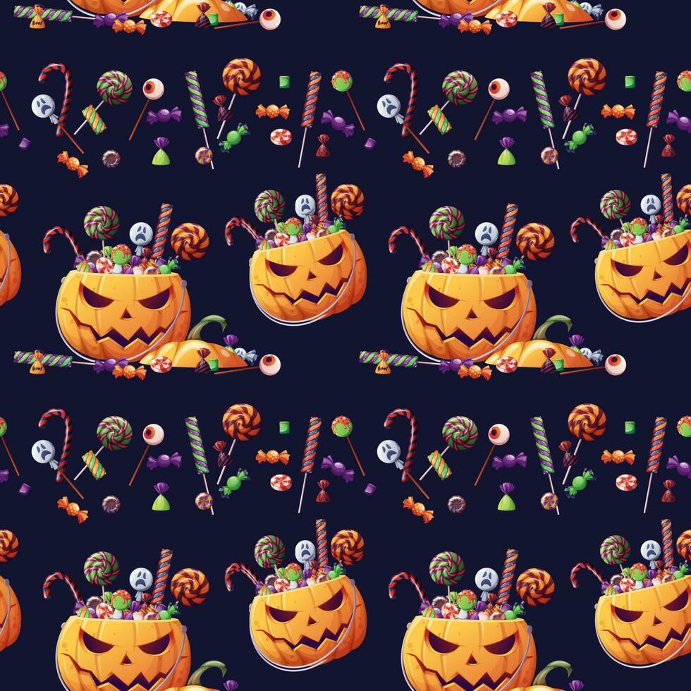 sömlös mönster med halloween sötsaker och pumpa på en vit bakgrund. lura eller behandla. sömlös textur för omslag, textil, tapet, etc. vektor
