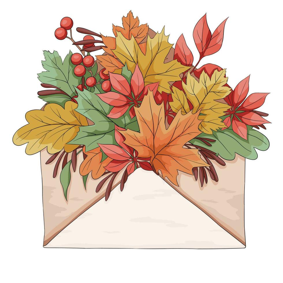 Vektor Komposition von Herbst Blätter im ein Umschlag. Herbst Illustration zum das Design von Postkarten, Einladungen, Geschenke, Bücher, Textilien, usw